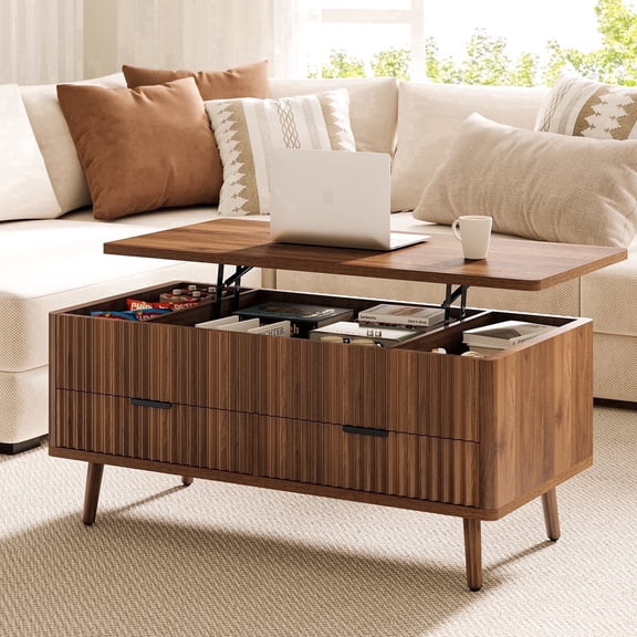 CURLA Lift Top Coffee Table with Storage, Mid Century Modern Coffee Table with Drawers, Center Table for Living Room, Walnut