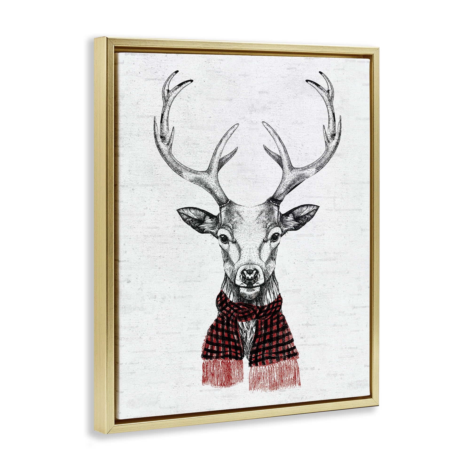 Stupell Industries Holiday Deer with Scarf Animals & Insects Painting Gold Floater Framed Canvas Art Print Wall Art, 25 x 31