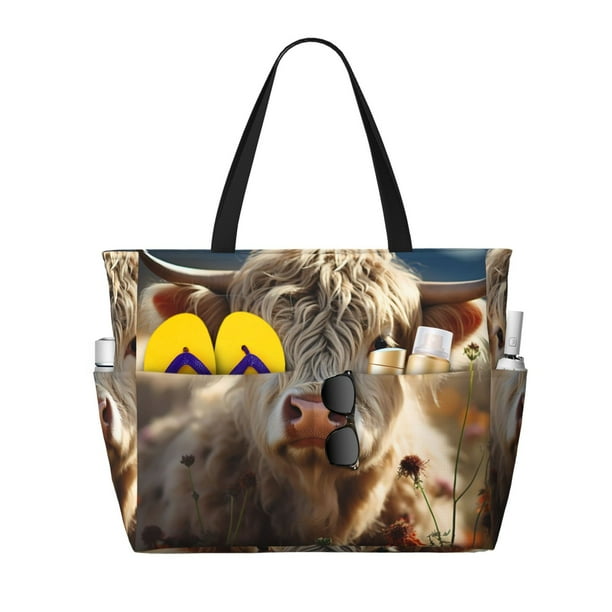 Disketp Adorable Flower Field Cow Bolsa de Playa de Gran Capacidad, Bolso Impermeable y a Prueba de Arena para Mujer, Ideal para Playa, Piscina y Natación