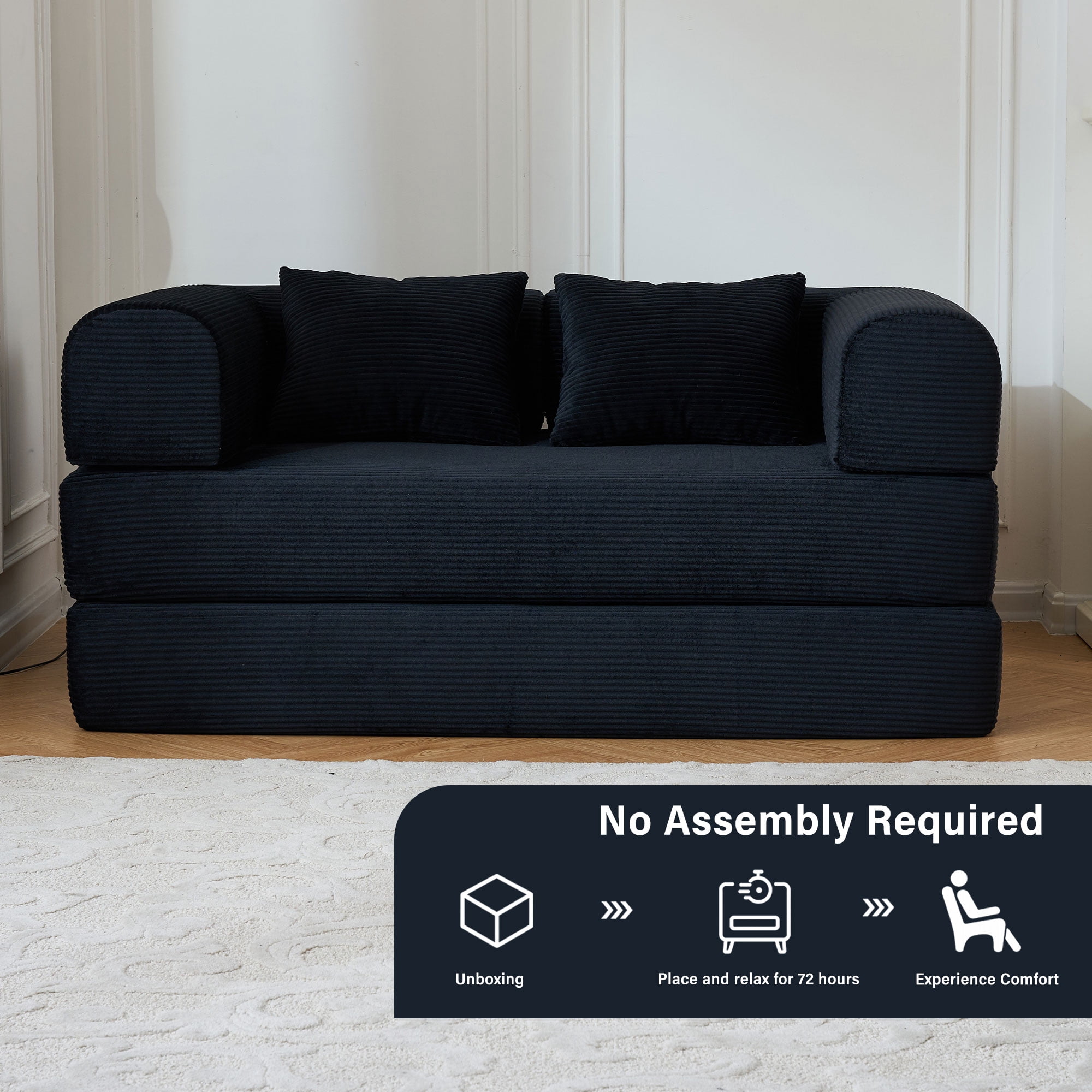 59" 5-in-1 Convertible Corduroy Sofa Bed, No-Assembly Boneless Loveseat Pull-Out Sleeper for Small Spaces(Black)