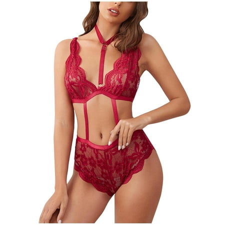 

Plus Size Lingerie for Women Push Up Fashion Lace Underwear Sleepwear Pajamas Garter Matching Bra and Panty Sets Plus Size Red XL
