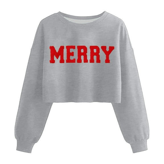 Telankuip Cropped Christmas Sweatshirts for Women Merry Xmas Letter Printed Long Sleeve Crop Pullover Tops 2025 Fall Winter Teen Girls Round Neck Causal Stylish Outfits Grey XL