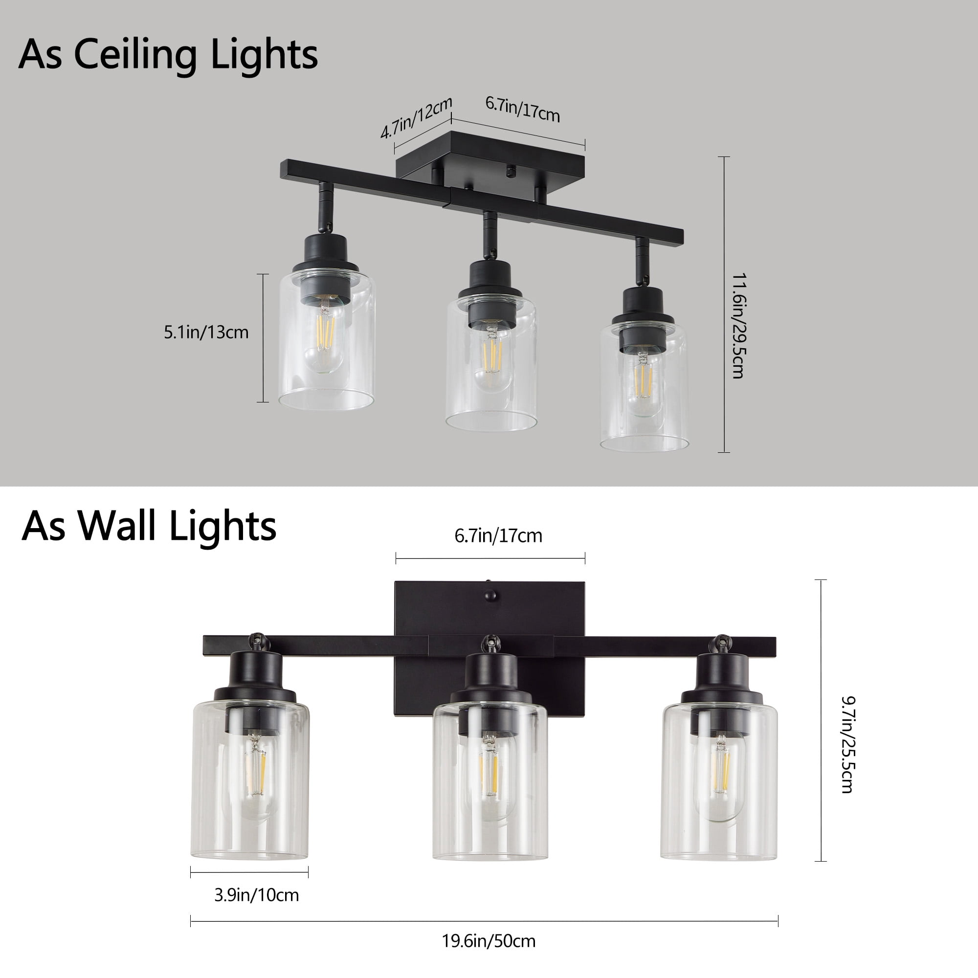 3-Light Semi Flush Mount Ceiling Light, Adjustable Black Track Lighting with Clear Glass Shades for Kitchen Hallway Foyer Bedroom (Bulbs Not Included)