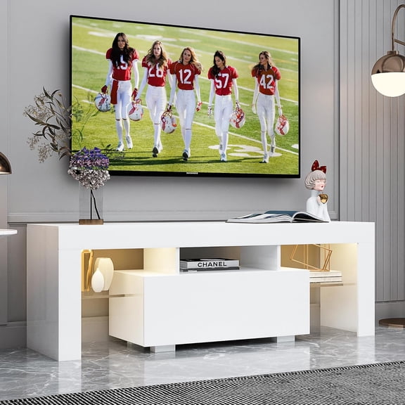 LED TV Stand for 32–55 Inch TVs – 51" Modern Entertainment Center with RGB Lights, Glass Shelves & Large Storage Cabinet, White Media Console for Living Room or Bedroom Setup
