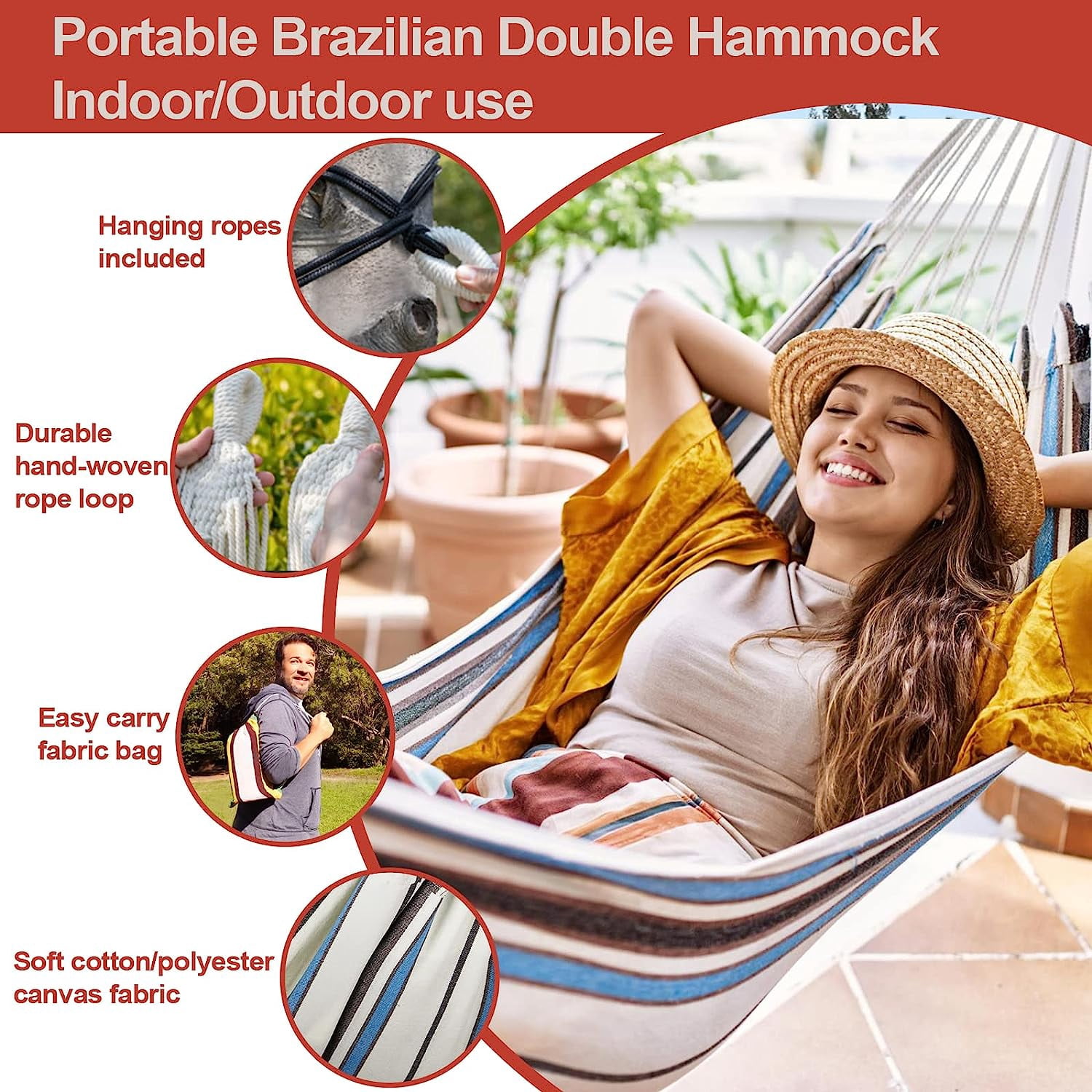 Brazilian Hammock for Single Person Portable Hammock with Hanging Ropes & Carry Bag Large 78.8x39.4” for Patio 300LBS Capacity Perfect for Outdoor/Indoor - Blue & Green Stripes