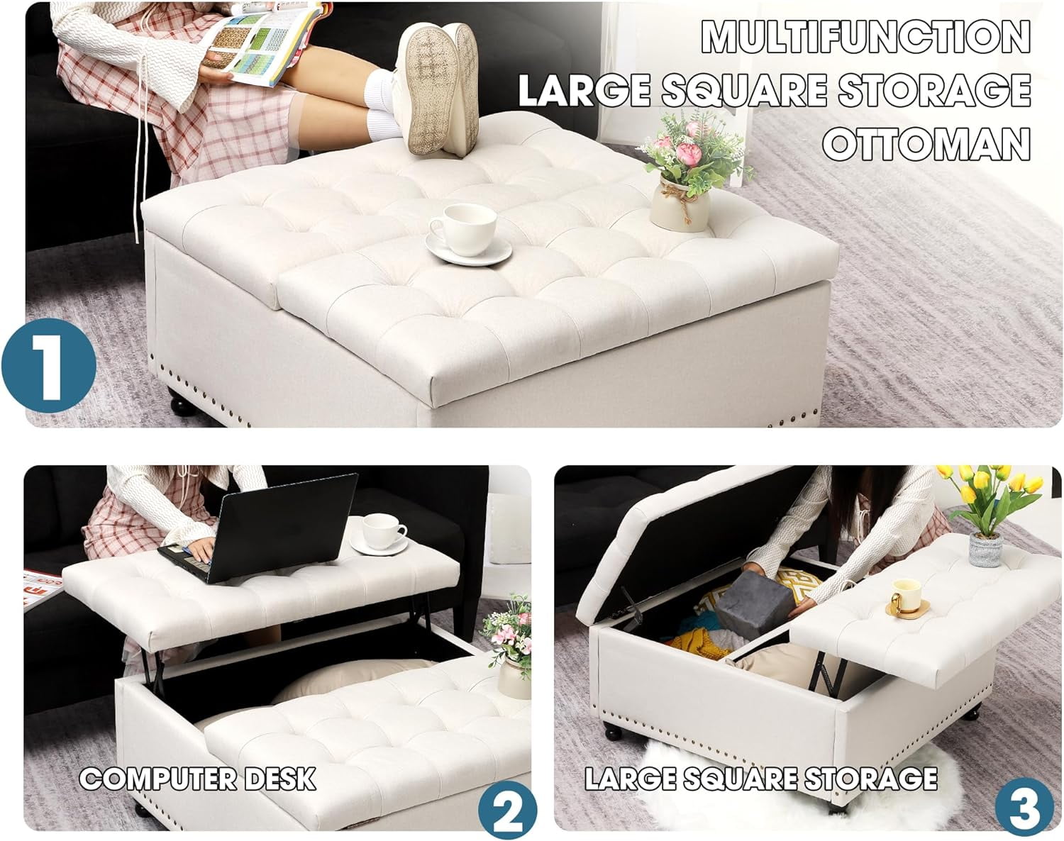 Haverchair 35.5" Large Storage Ottoman Coffee Table, Square Ottoman Bench with Storage, Lift Top Oversized Storage Ottomans, Tufted Upholstered Coffee Tables for Living Room, Bedroom (Beige)