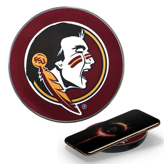 Florida State University Qi Wireless Charger with Illuminated FSU Logo & Built-in Power Bank for Wired and Wireless Charging. 100% Portable Wireless Phone Charger