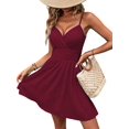 thumbnail image 3 of Women's Summer Dresses V Neck Spaghetti Strap Sundress Casual Beach Flowy Mini Dress Wine Red XL, 3 of 9
