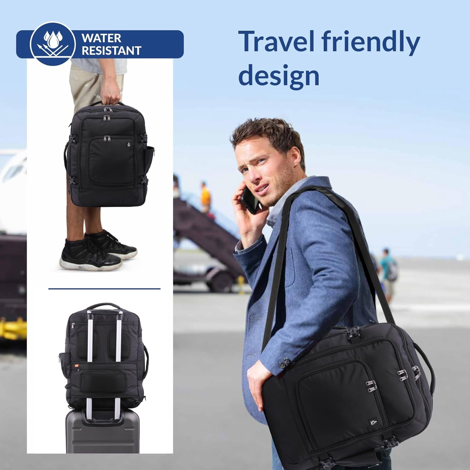 Aerolite Carry on Travel Backpack, 3 in 1 Multi Purpose Extra Large Water Resistant Lightweight Airplane Approved Weekender Bag Daypack for Men and Women, 37L, Black