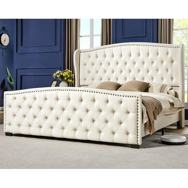 LUXOAK King Platform Bed Frame with Wingback Headboard, Velvet
