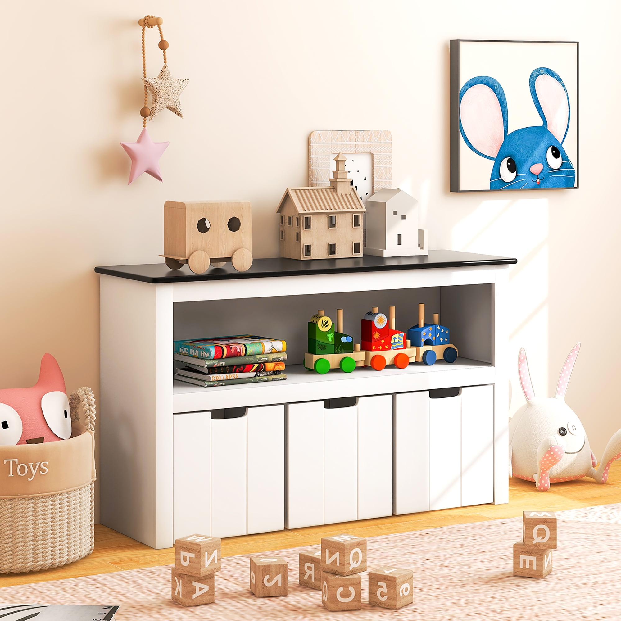 Costway Kids Toy Storage Organizer Wooden Bookshelf with 3 Drawers Hidden Wheel Blackboard Walmart