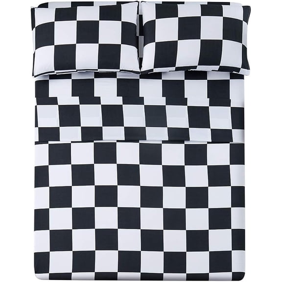 Queen Size Sheet Set 4 Piece -Microfiber Soft Durable Bedding Sheet Set,Deep Pocket,Stain,Fade & Wrinkle Resistant (Plaid Black&White)