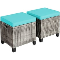 LEIYY 2 Pieces Patio Rattan Ottomans, Outdoor Wicker Footstool Footrest Seat with Soft Cushions and Steel Frame, All-Weather Patio Ottoman Set for Backyard Garden Poolside,Mix Grey   Turquoise
