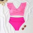 thumbnail image 6 of Women's Pleated Slim Fit V-Neck Color Block Ruffled Two-Piece Swimsuit Hot Pink M, 6 of 8