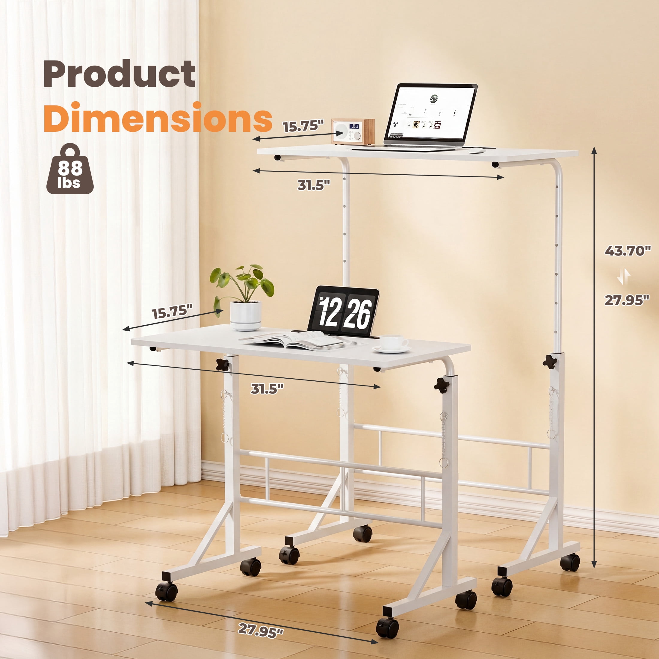 EDX Small Height Adjustable Standing Desk with Wheels, Mobile Rolling Computer Desk for Home Office, Sit Stand Laptop Desk for Walking Pad, White