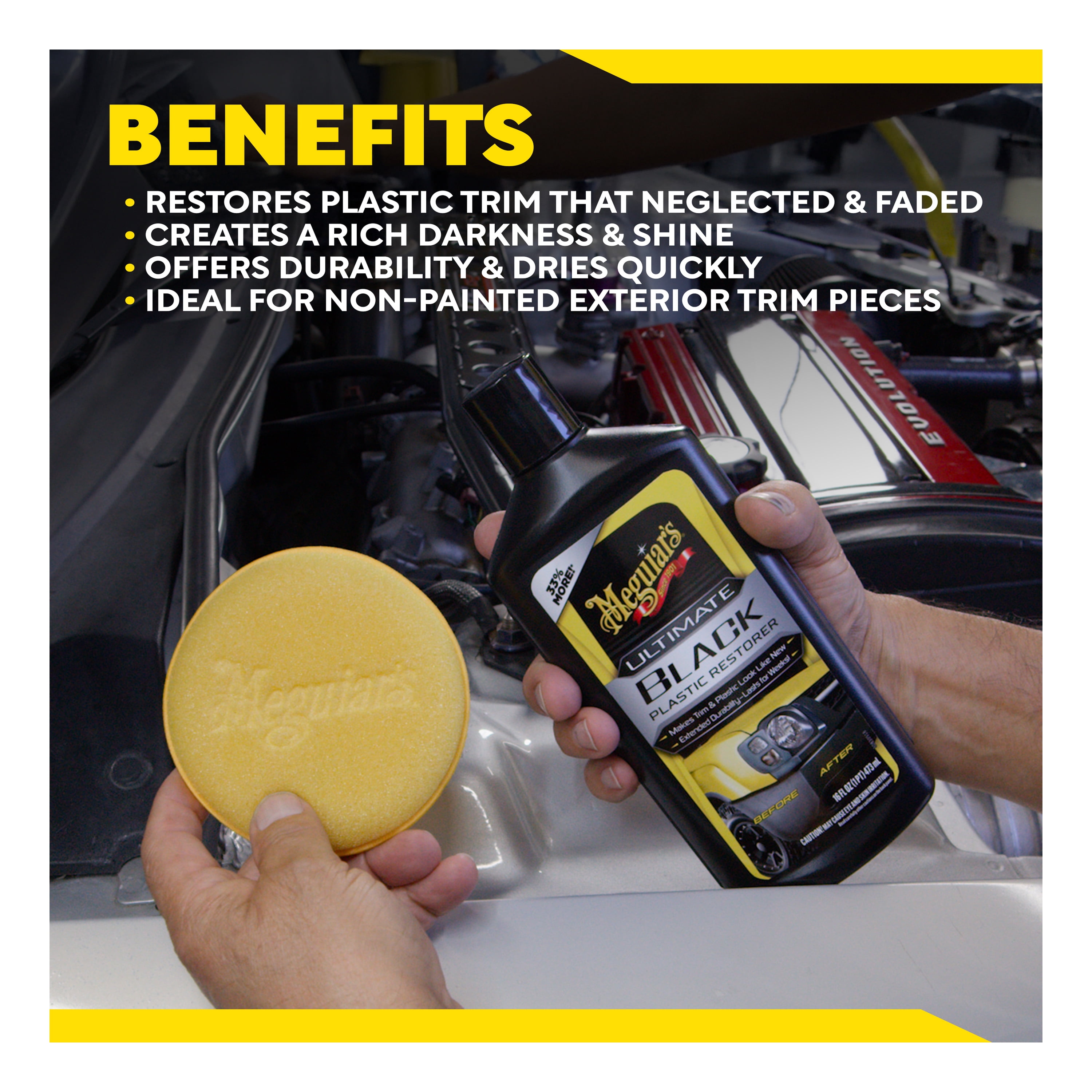Meguiar’s Ultimate Black Plastic Restorer – Long-Lasting Car Trim Restorer for Exterior Plastic, Vinyl & Rubber – Premium Plastic Restorer for Cars with Faded Black Trim, Leaves a Dark Shine, 16 oz