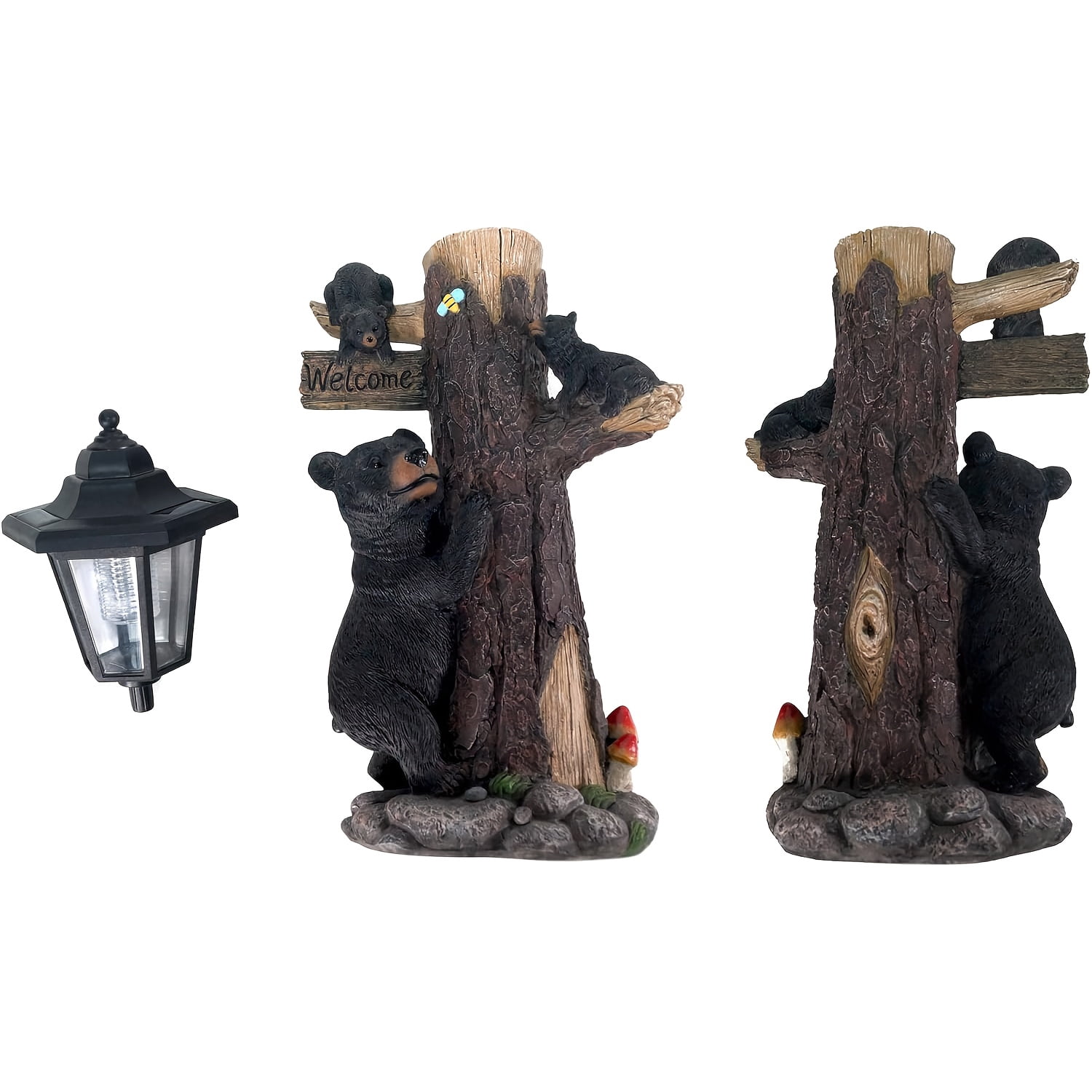 Solar Welcome Bear Garden Light with LED 3 Cubs Climbing Tree Resin Outdoor Yard Decor