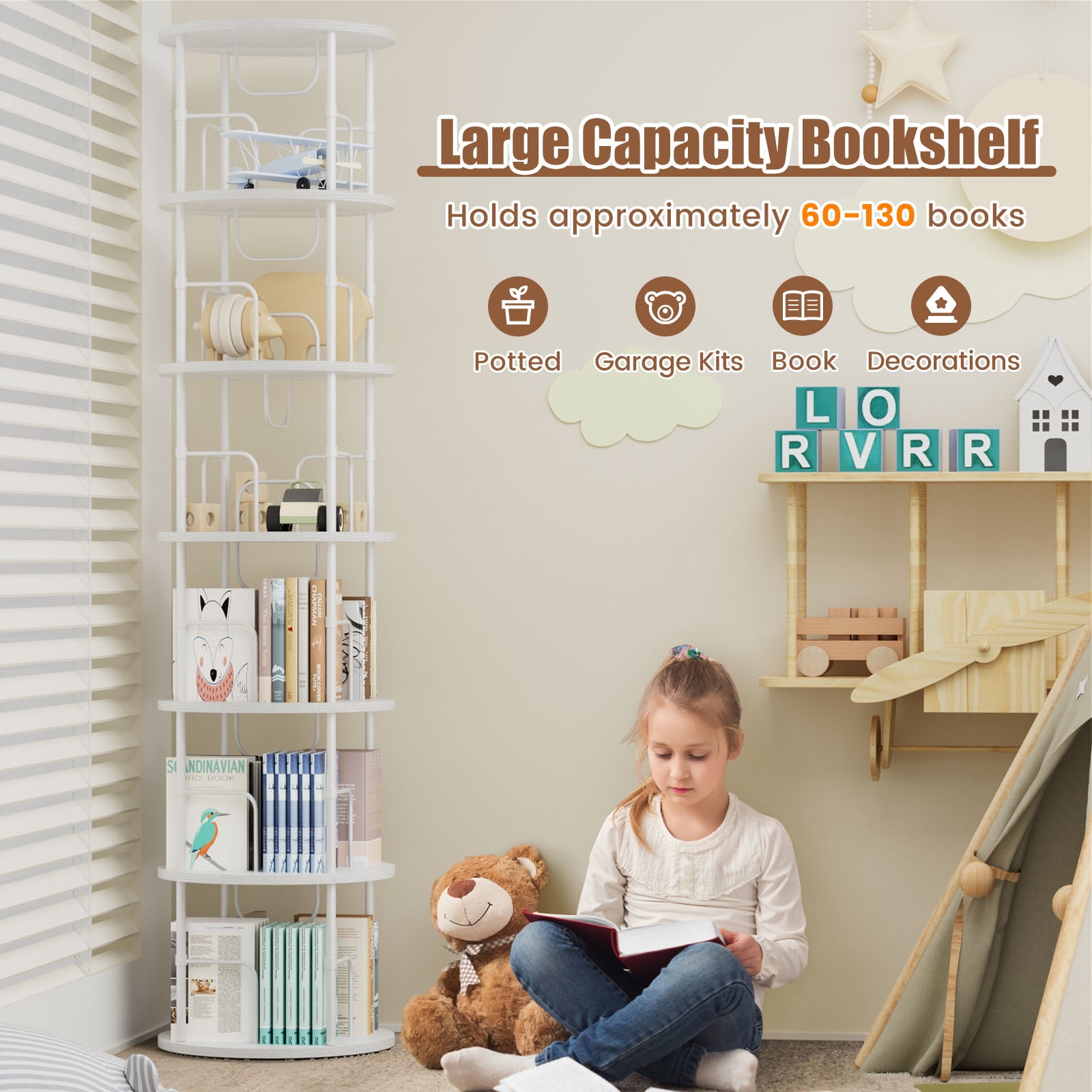 Flycity 6 Tier Rotate Bookcases, 360° Display Spin Bookcases Corner Shelf with Special Visible Partition Storage, White