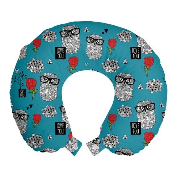 Romantic Travel Pillow Neck Rest, Smart Owls and Roses Motif with Cartoon Clouds Love You Typography, Memory Foam Traveling Accessory Airplane and Car, 12", Blue Vermilion and White, by Ambesonne