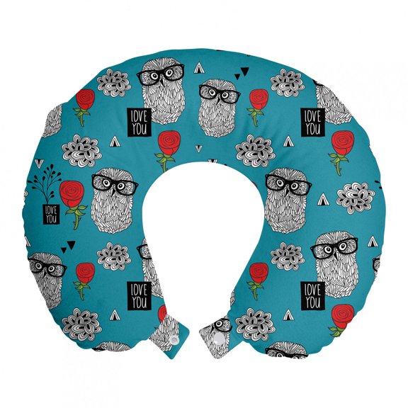 Romantic Travel Pillow Neck Rest, Smart Owls and Roses Motif with Cartoon Clouds Love You Typography, Memory Foam Traveling Accessory Airplane and Car, 12", Blue Vermilion and White, by Ambesonne