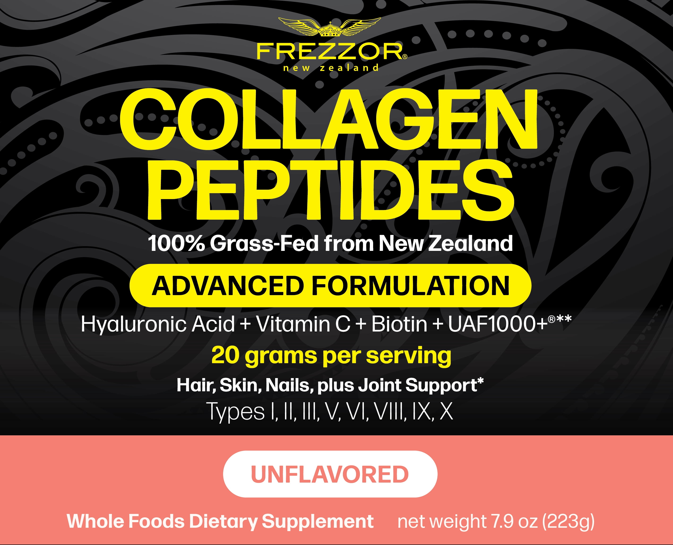FREZZOR Pure Collagen Peptides Powder Supplement 4-Pack, 100% Grass-Fed New Zealand Cattle Source, 4 Bottles, 900 Grams