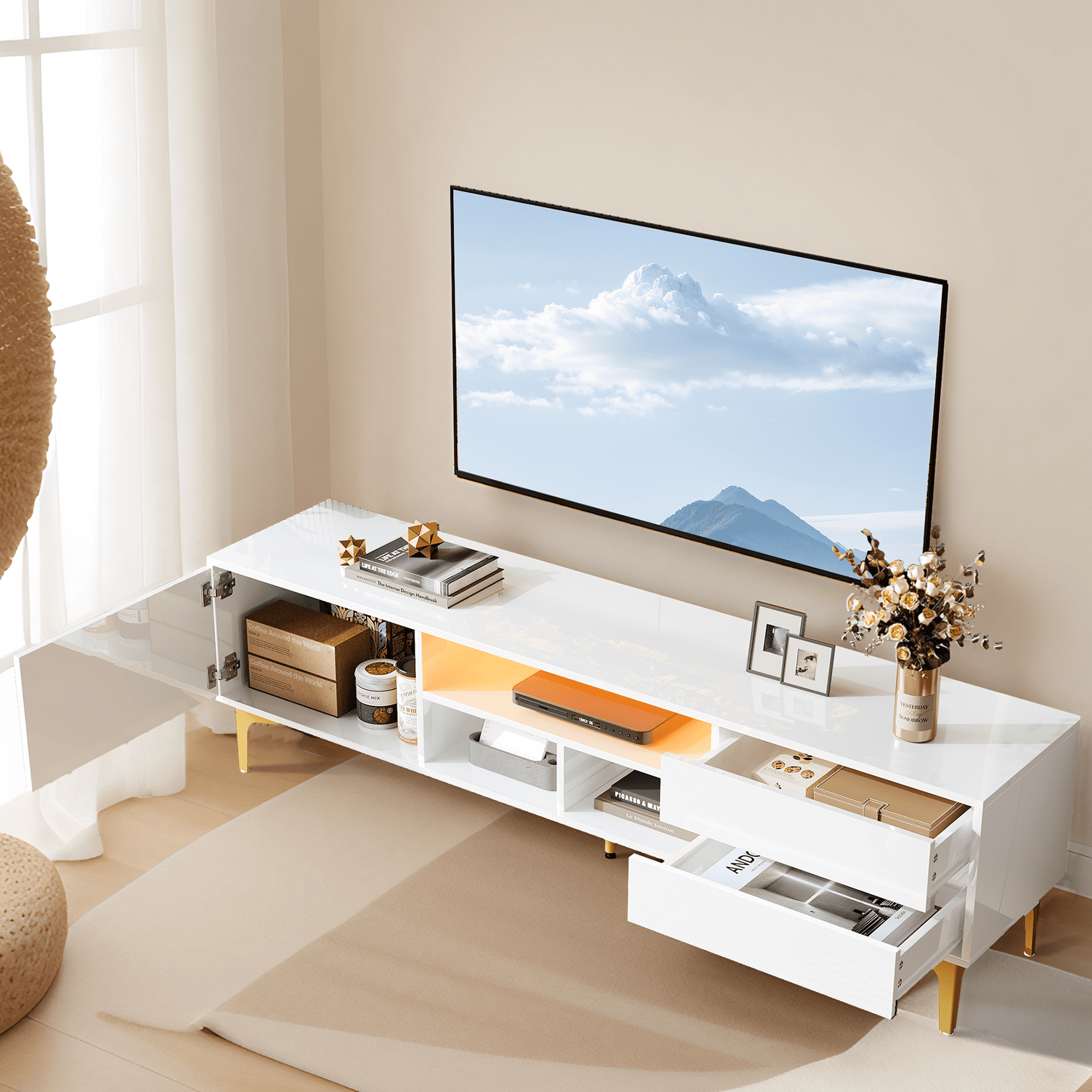 PORKISS 63" High Gloss LED TV Stand for TVs up to 70", Modern Low Profile TV Entertainment Center with RGB Lights, Remote/App Control, Storage Drawers and Open Shelves, White