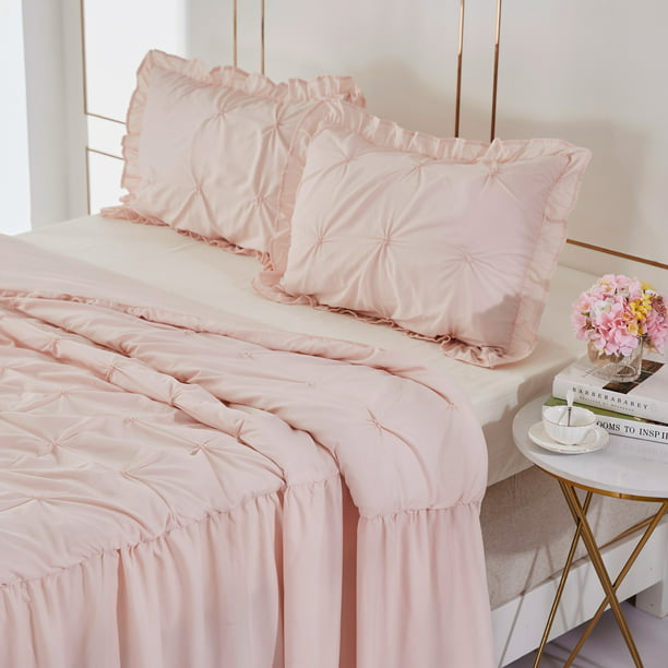 Mallenhome Pintuck Ruffle Skirt Quilt Bedspread Coverlet Set Peach Pink Color King Size Walmart Com Walmart Com
