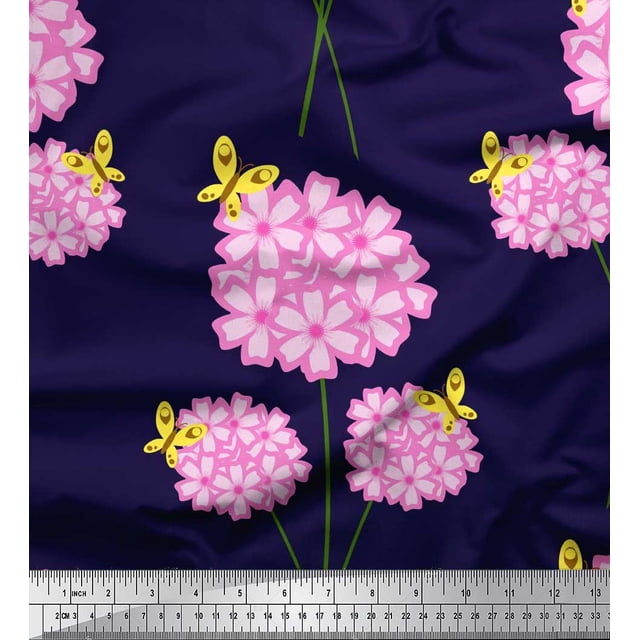 Soimoi Blue Satin Silk Fabric Insect & Floral Artistic Print Sewing Fabric BTY 42 Inch Wide