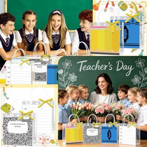 24 Pcs Teacher Appreciation Gift Bags, Teacher Gift Bags Bulk Double-Sided Clear PVC 4 Styles Gifts Bag with Handle Measuring Tape Ribbon Cards for Teachers Graduation End of Year Back to School Gif