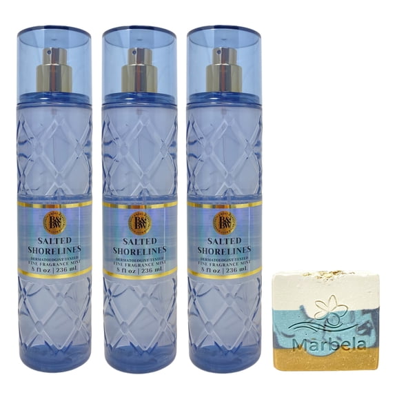 Bath & Body Works Salted Shorelines 3 Fine Fragrance Mists with a Sea Breeze Bar Soap