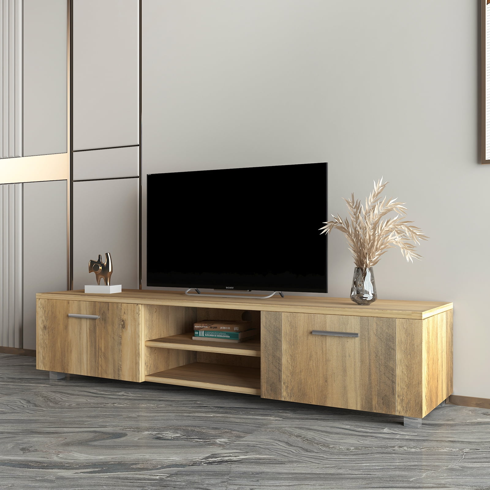 Private Jungle TV Console Table with Storage Cabinet Shelves with 2 Doors 63 Inch Entertainment Center for Living Room Bedroom,Oak Color