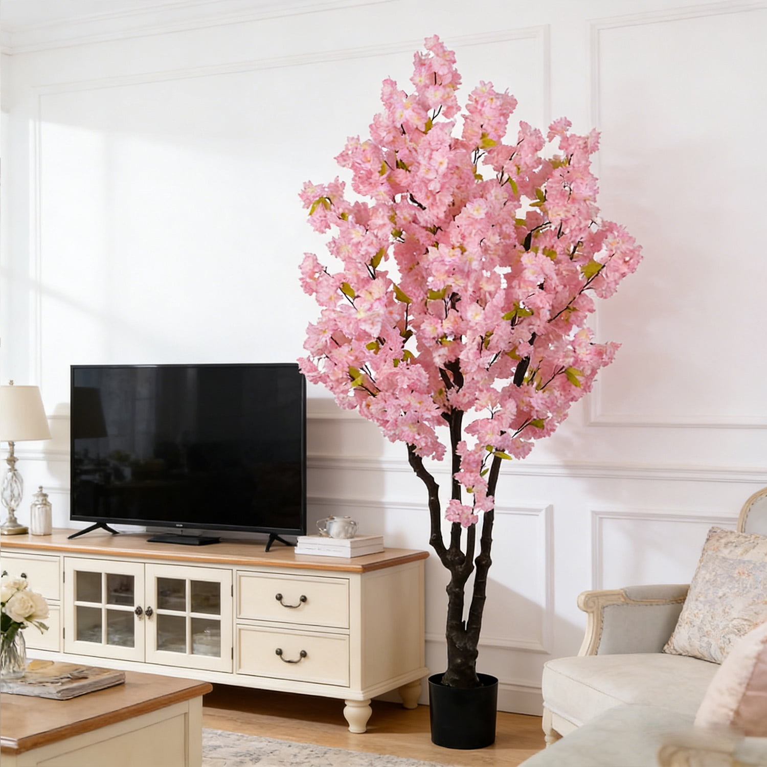 6ft Artificial Cherry Blossom Tree Plastic Flower Faux Leaves Plant Handmade Light Pink Cherry Fake Tree Artificial Plants for Home Office Indoor Outdoor Spring Party  Wedding Decor