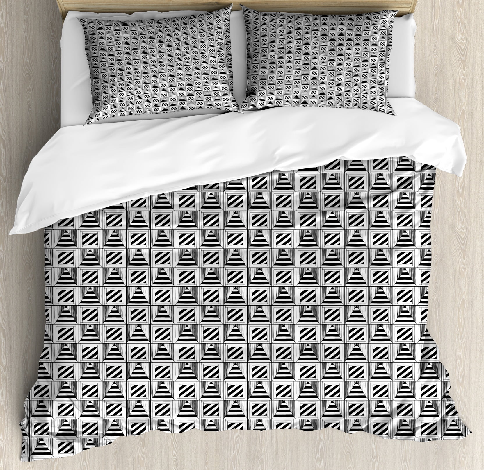 Black and White Queen Size Duvet Cover Set, Monochrome Squares and
