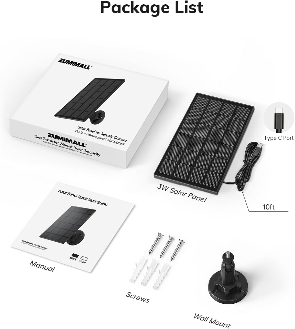 ZUMIMALL 3W Solar Panel for Security Cameras, IP66 Waterproof Solar Panel with 10ft Type C Cable,Black (Type C Port)