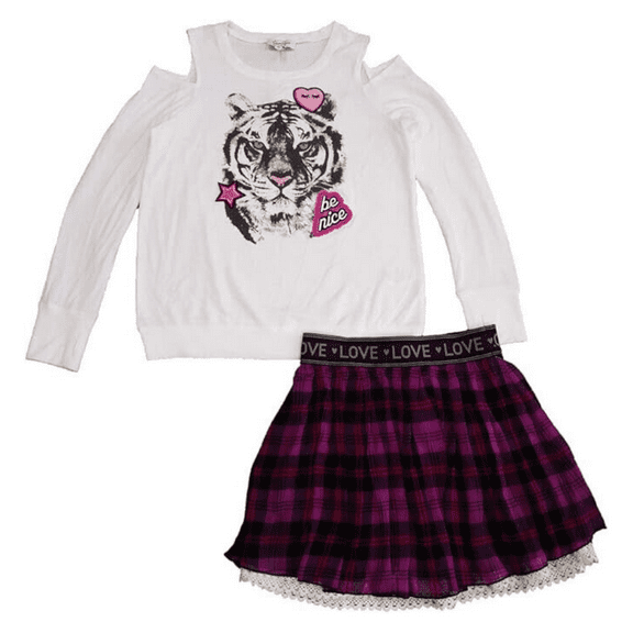 Jessica Simpson Girl's Cold-Shoulder White Top and Pink Plaid Skirt Set, L-14/16