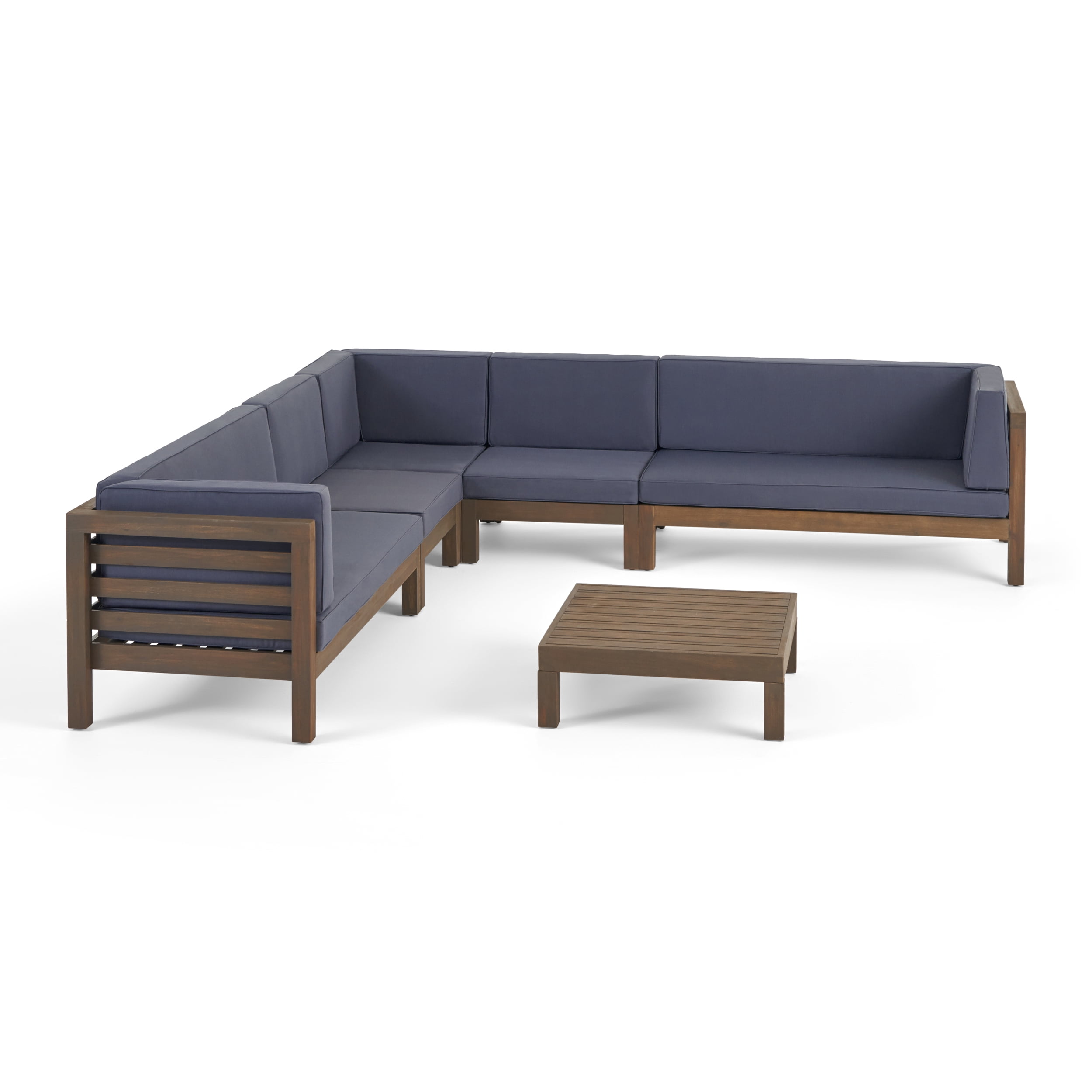 Frankie Outdoor 7 Seater Acacia Wood Sectional Sofa Set, Gray and Dark Gray