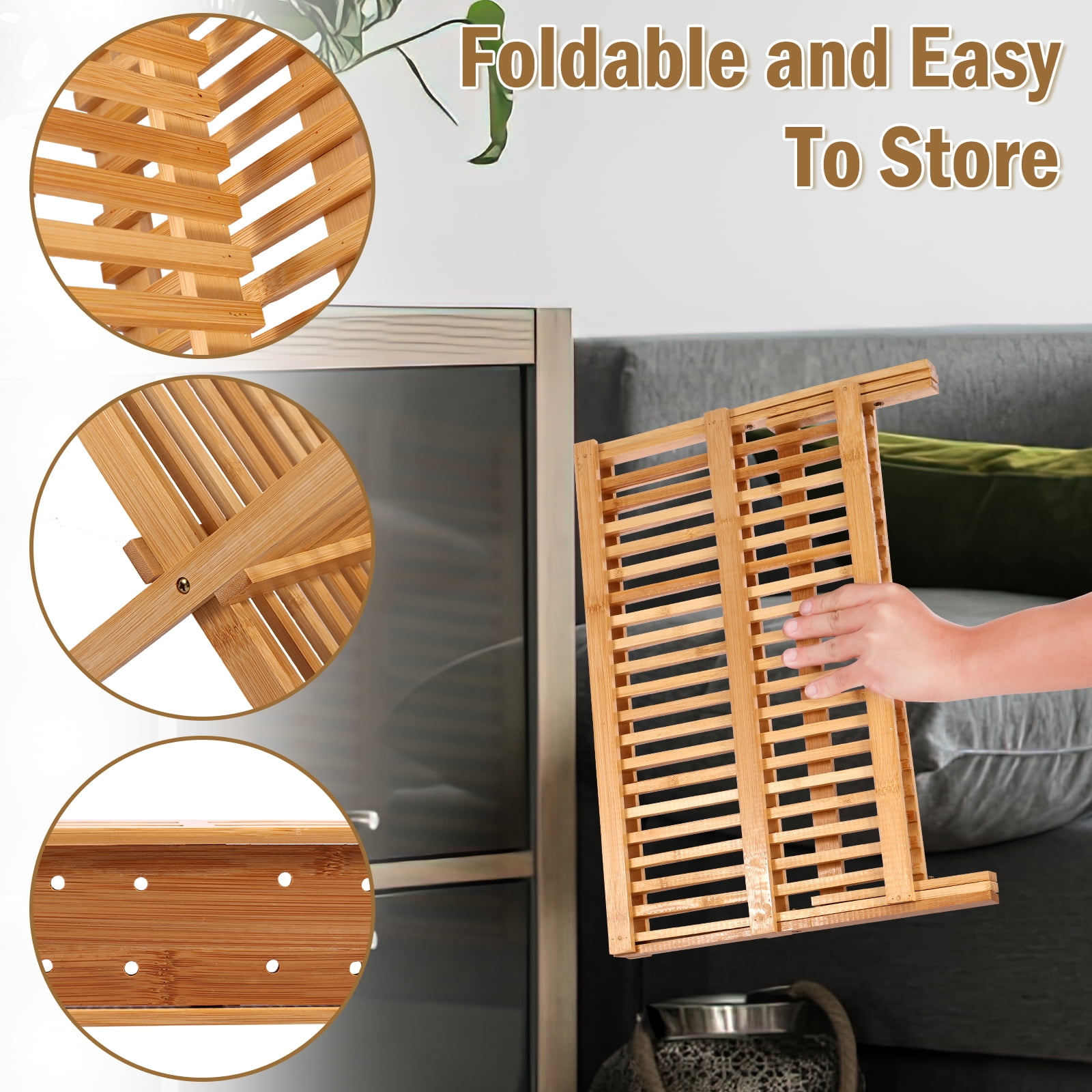 Jetcloudlive Bamboo Dish Drying Rack with Utensil Holder,Collapsible Wooden Dish Drainer Rack,2-Tier Large Folding Drying Holder for Kitchen Counter
