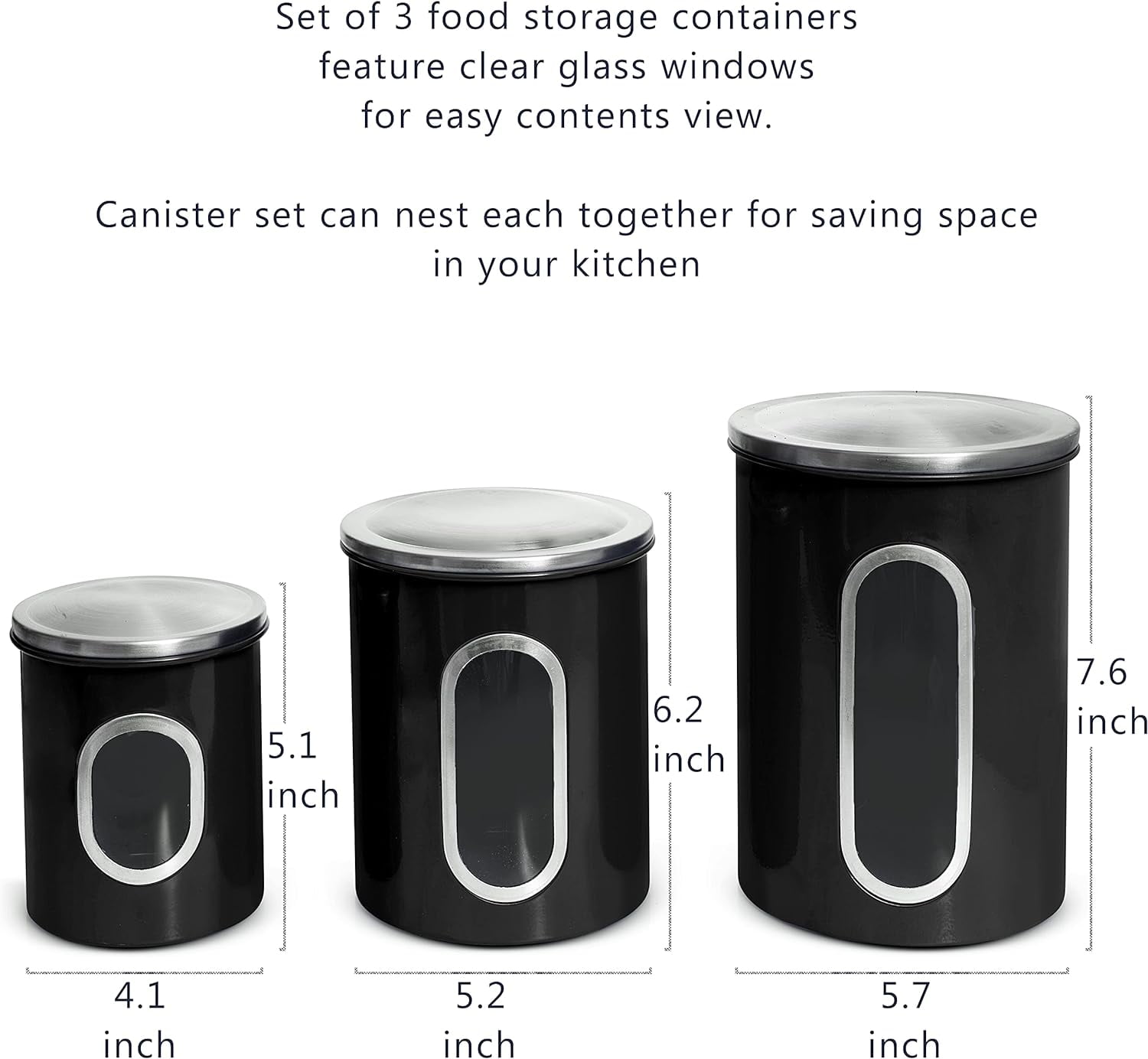 Mixpresso 3 Piece Black Canisters Sets For The Kitchen, Kitchen Jars With See Window, Airtight Coffee Container Tea Organizer & Sugar Canister, Kitchen Canisters Set of 3 Black Kitchen Décor