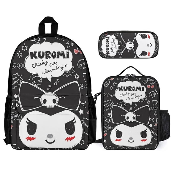 Kuromi Fun cartoon three-piece backpack set: includes backpack lunch box and pencil case One size