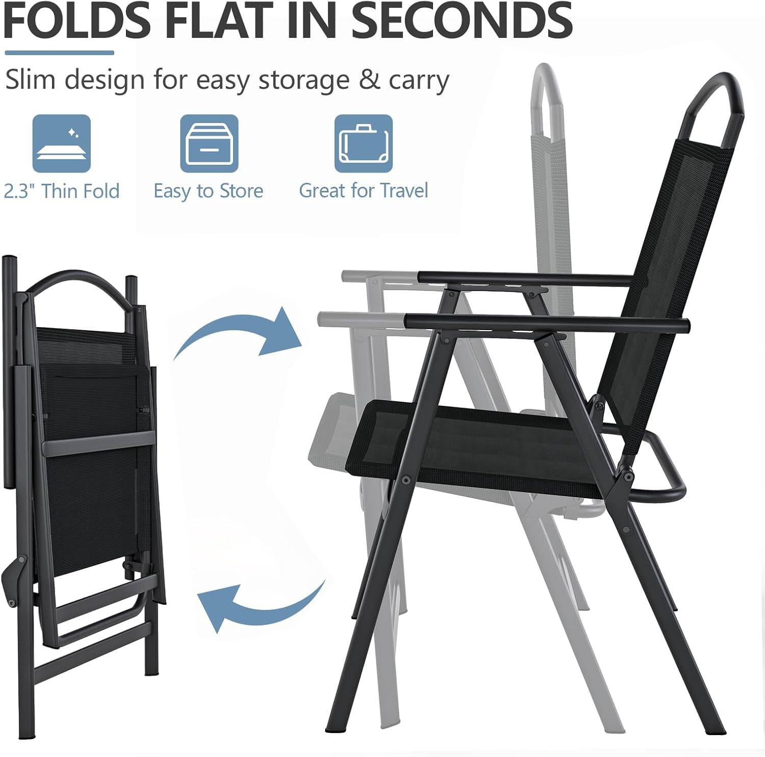 Folding Patio Chairs Set of 2, Outdoor Dining Chairs with Armrests, Breathable Textilene & Steel Frame for Lawn, Garden, Yard or Poolside - Black