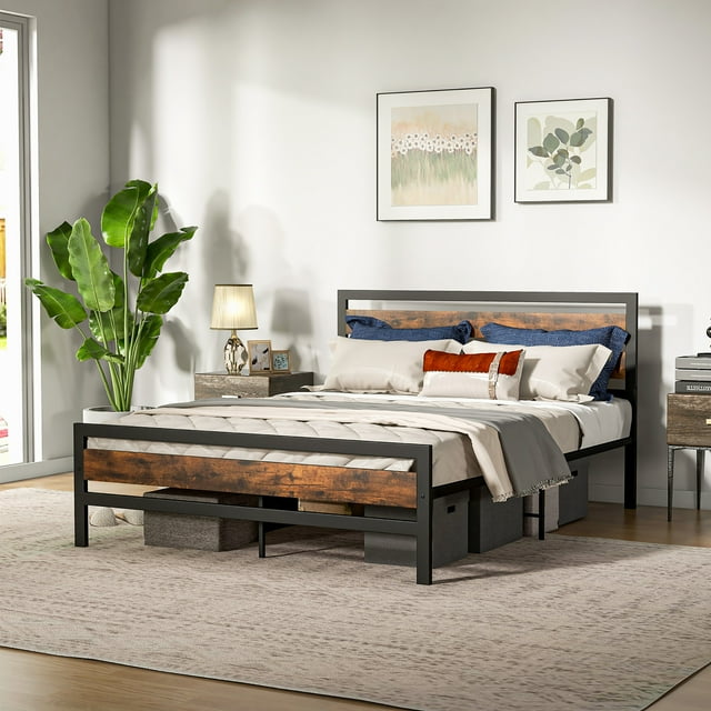 Costway Cadre de Lit Plateforme Industriel en Métal Format Grand Tête de Lit Rustique Base de Matelas