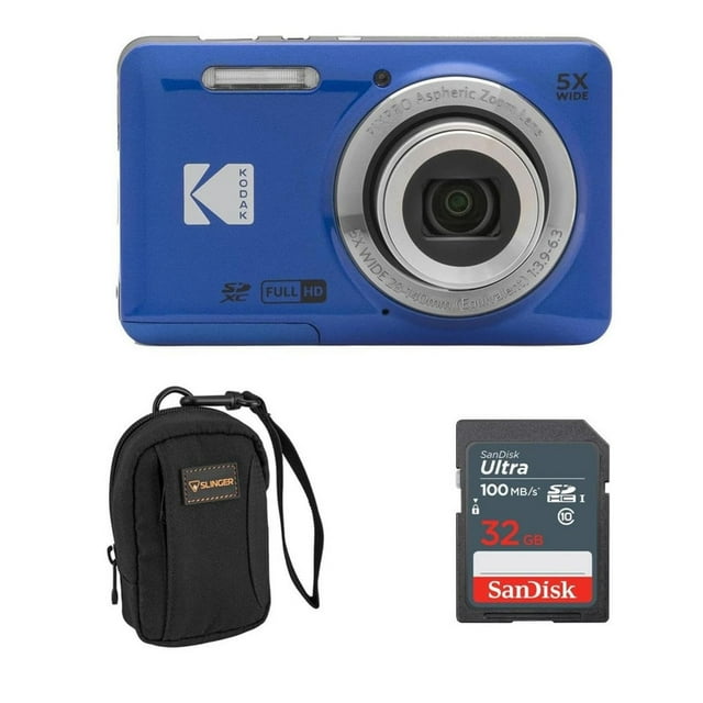 KODAK PIXPRO FZ55-BK 16MP Digital Camera 5X Optical Zoom 28mm Wide Angle 1080P Full HD Video 2.7"" LCD Vlogging Camera (Blue) Bundled with SD Card and Slinger Camera Bag