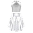 thumbnail image 3 of renvena Kids Girls 2 Piece Metallic Dance Outfits Sleeveless Crop Top with Irregular Hem Skirt 8-14 Silver 12, 3 of 7