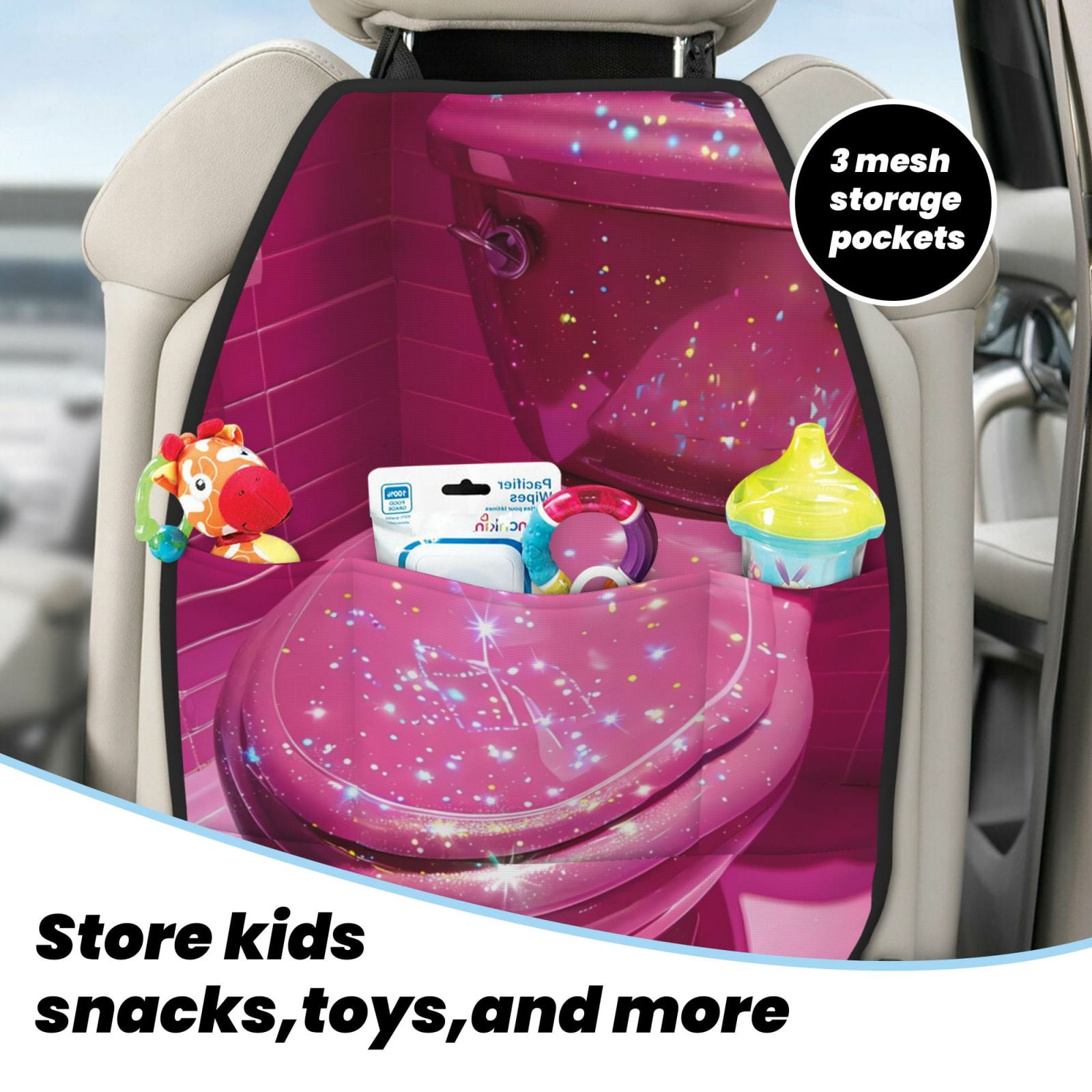 Xecao Sparkling Pink Toilet Pattern Car Seat Back Protector 2 Pack Large Capacity Pocket, Kick Mats Back Seat Protector