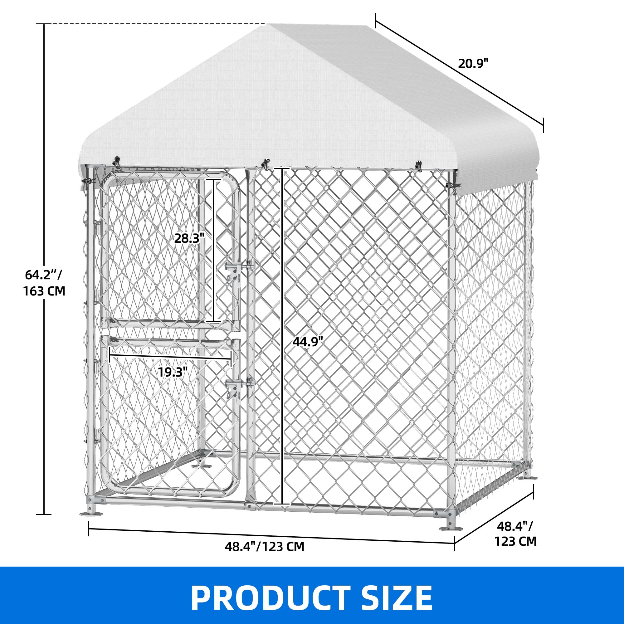 Dextrus Outdoor Dog Kennel, Dog Fence with Dual-Section Doors, Weather-Resistant Roof, Mesh Design for Dogs of Various Sizes, Silver
