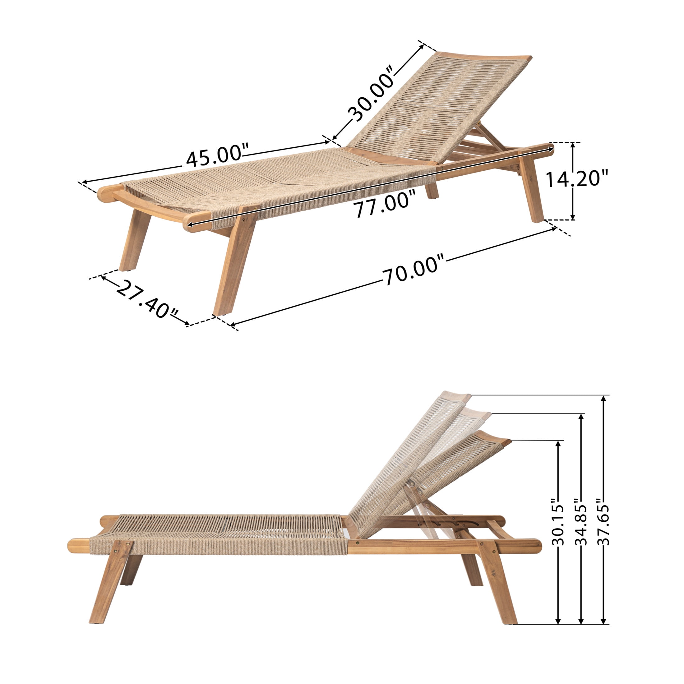 Lurelle Outdoor Braided Rope Chaise Lounge, Adjustable Back Rest, Acacia Wood, Beige + Teak, Set of 2