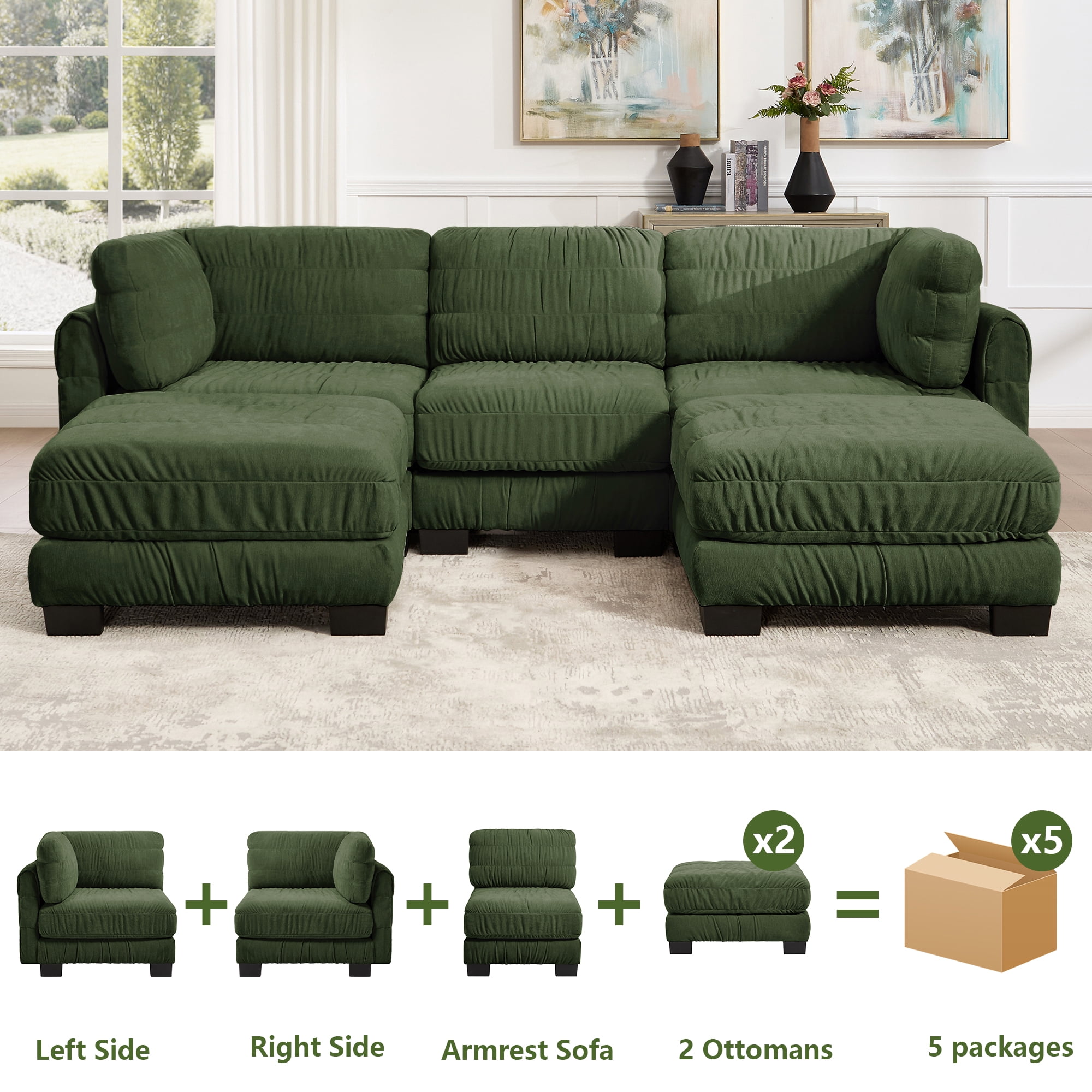 109" U Shape 3 Seat Chenille Modular Sectional Sofa with 2 Movable Ottomans and L Shape Back Cushions