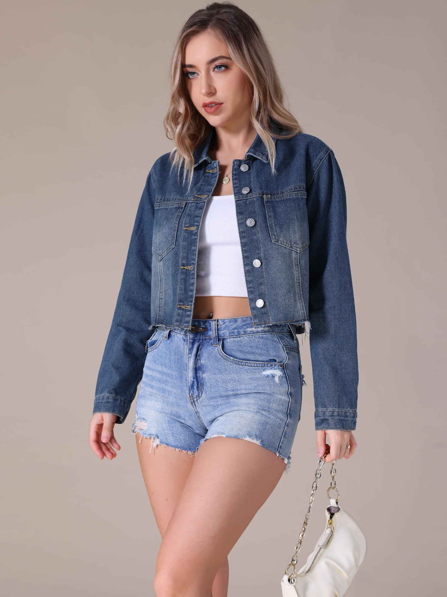 Unique Bargains Women's Cropped Washed Lightweight Frayed Hem Denim Jacket S Blue