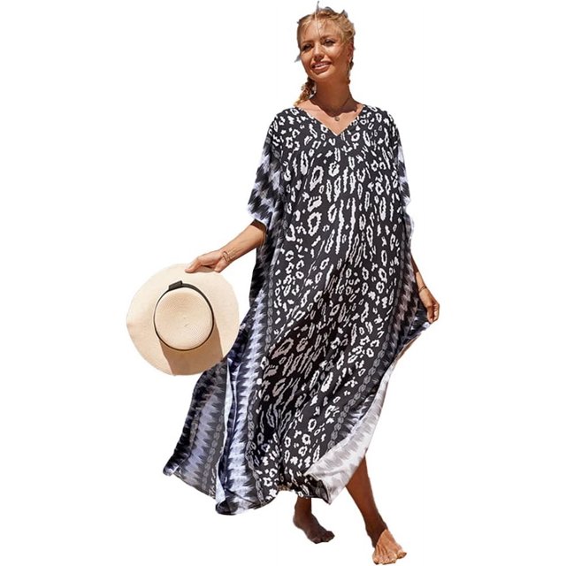 LinYooLi Swimsuit Coverup Women Beach Robe Print Long Blouse Plus Size Bikini Gown Holiday Dress