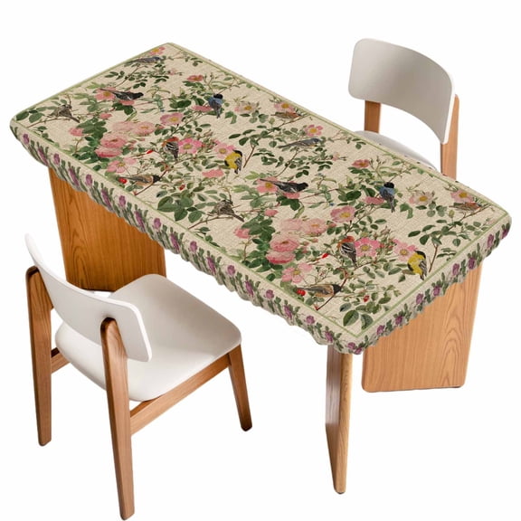 Beige Spring Floral Table Cloths for 4 Foot Rectangle Tables, Elegant Pastoral Flowers Birds Watercolor Patio Waterproof Elastic Fitted Tablecloths, Washable Rectangular Table Cover for Camping